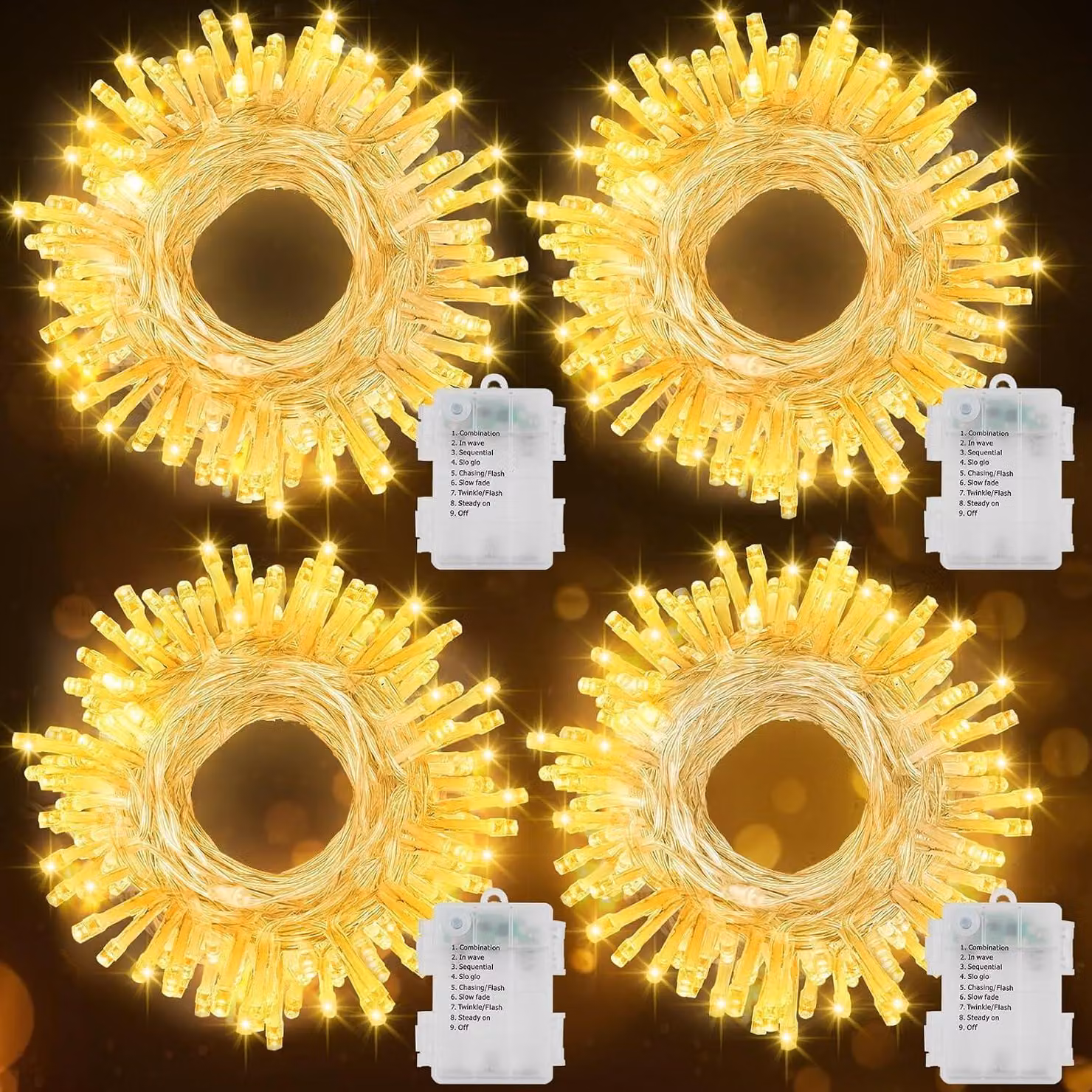 Set di 4 catene luminose a LED, lunghezza 7 metri, 70 LED, luce bianco caldo, con timer e 8 modalità