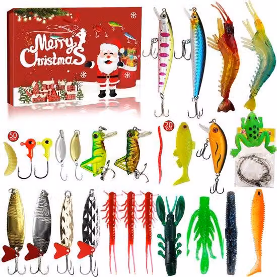 Calendario dell'Avvento 2025 - 24 giorni per contare i giorni fino a Natale. Set per la pesca - Regalo di Natale - Conto alla rovescia per Natale - Kit di accessori per la pesca - Set da pesca - Esca artificiale - Appassionato di pesca - Pesca - Kit di ac