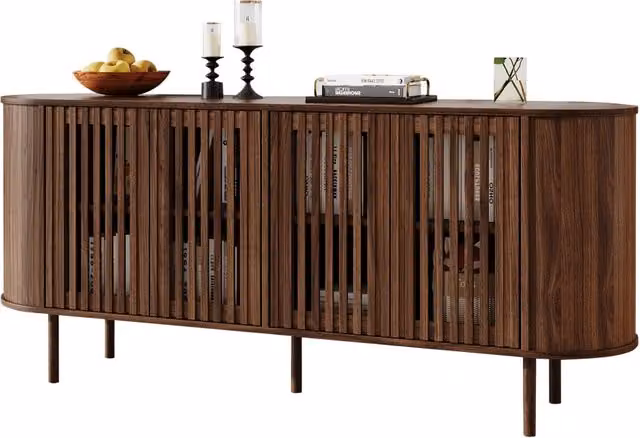 Credenza moderna con 4 ante scorrevoli traforate e ripiani regolabili per soggiorno o sala da pranzo, in MDF color noce, L: 160 cm, P: 40 cm, H: 70 cm