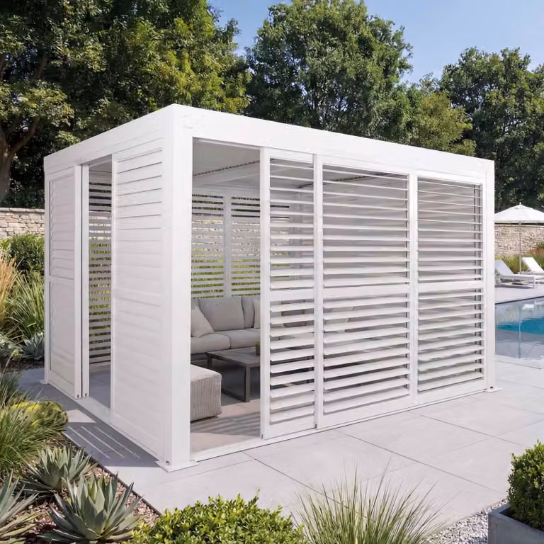 Pergola in alluminio MCW-L46, copertura per terrazza, 6 pannelli a lamelle, 6 porte scorrevoli, telaio da 11 cm, 3x3 m ~ bianco