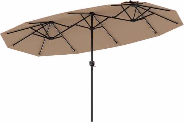 Ombrellone doppio da giardino marrone con luci LED e pannello solare in poliestere e acciaio, L: 400 cm, H: 230 cm, P: 210 cm