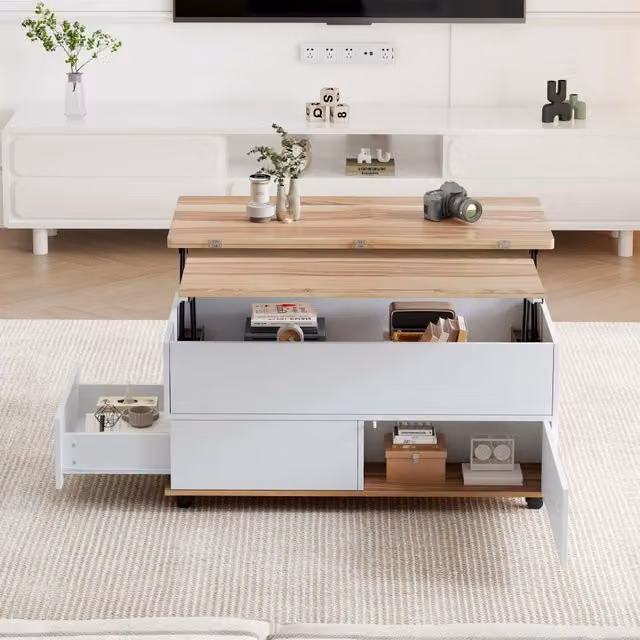 Tavolino basso alzabile Mivray con due piani idraulici, cassetto e vano contenitore su ruote, bianco e legno, L: 100 cm, P: 98 cm, H: 65 cm