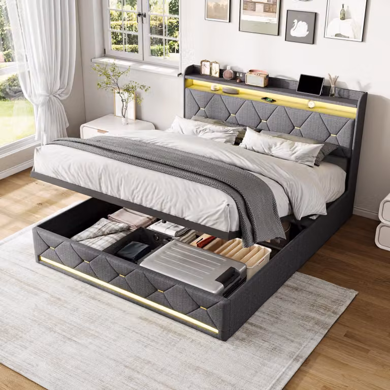Letto contenitore ProximaX, dimensioni 160x200 cm, grigio, rivestito in lino, con LED RGB, porta USB-C e sistema di sollevamento idraulico