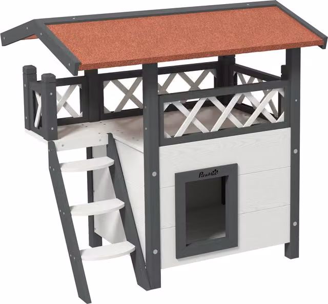 Casetta per gatti da esterno PawHut in legno di abete con terrazza e scaletta, Bianco e Grigio, L: 77 cm, P: 50 cm, H: 73 cm