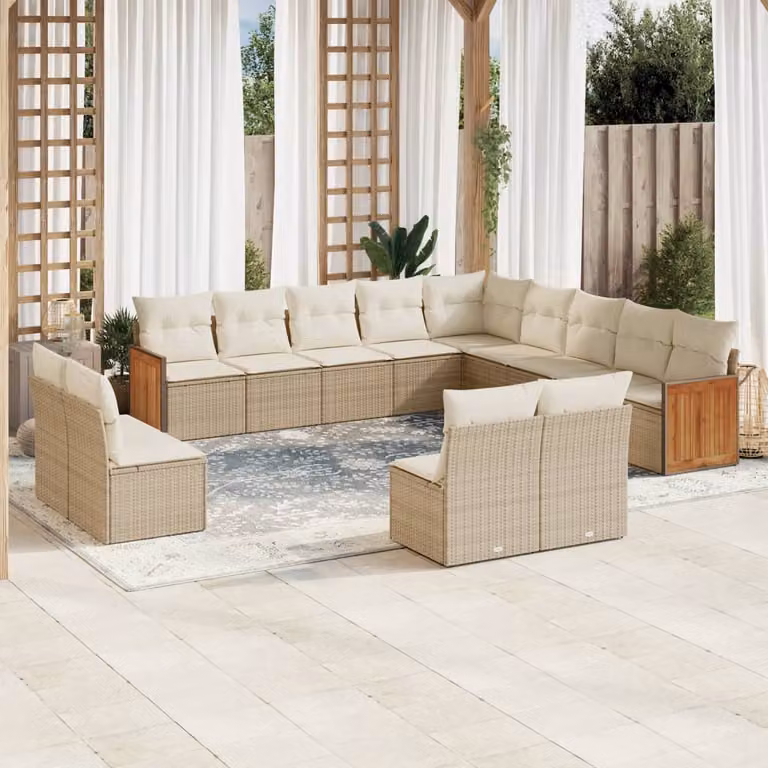 vidaXL Set Divano da Giardino 13 pz in Polyrattan con Cuscini Beige e Struttura in Legno di Acacia