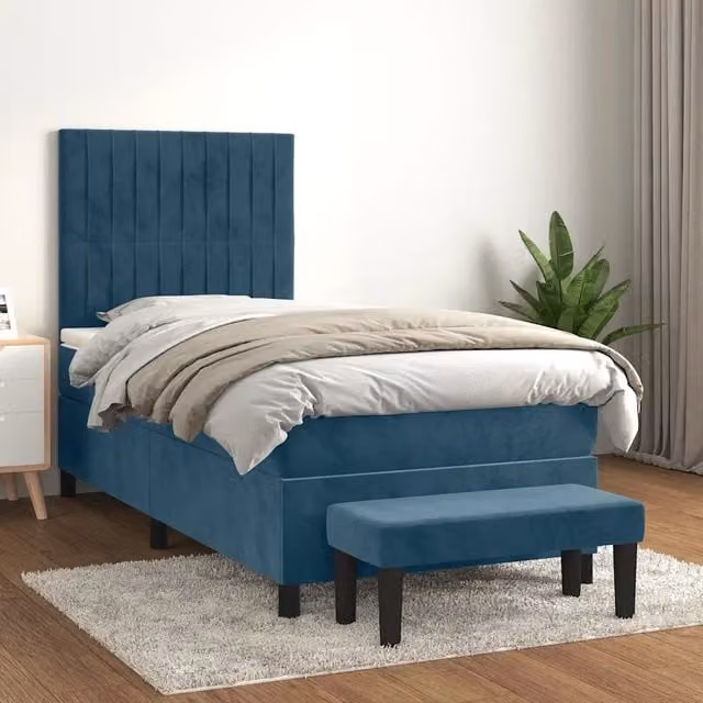 Letto Ibrido vidaXL con Giroletto a Molle e Materasso in Velluto Blu e Bianco L/P: 100 x 200 cm