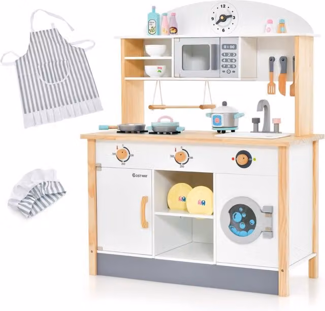 Cucina giocattolo in legno Design Mania con forno a microonde e lavatrice, colore bianco, L/P/H: 98 x 35 x 79 cm – 1