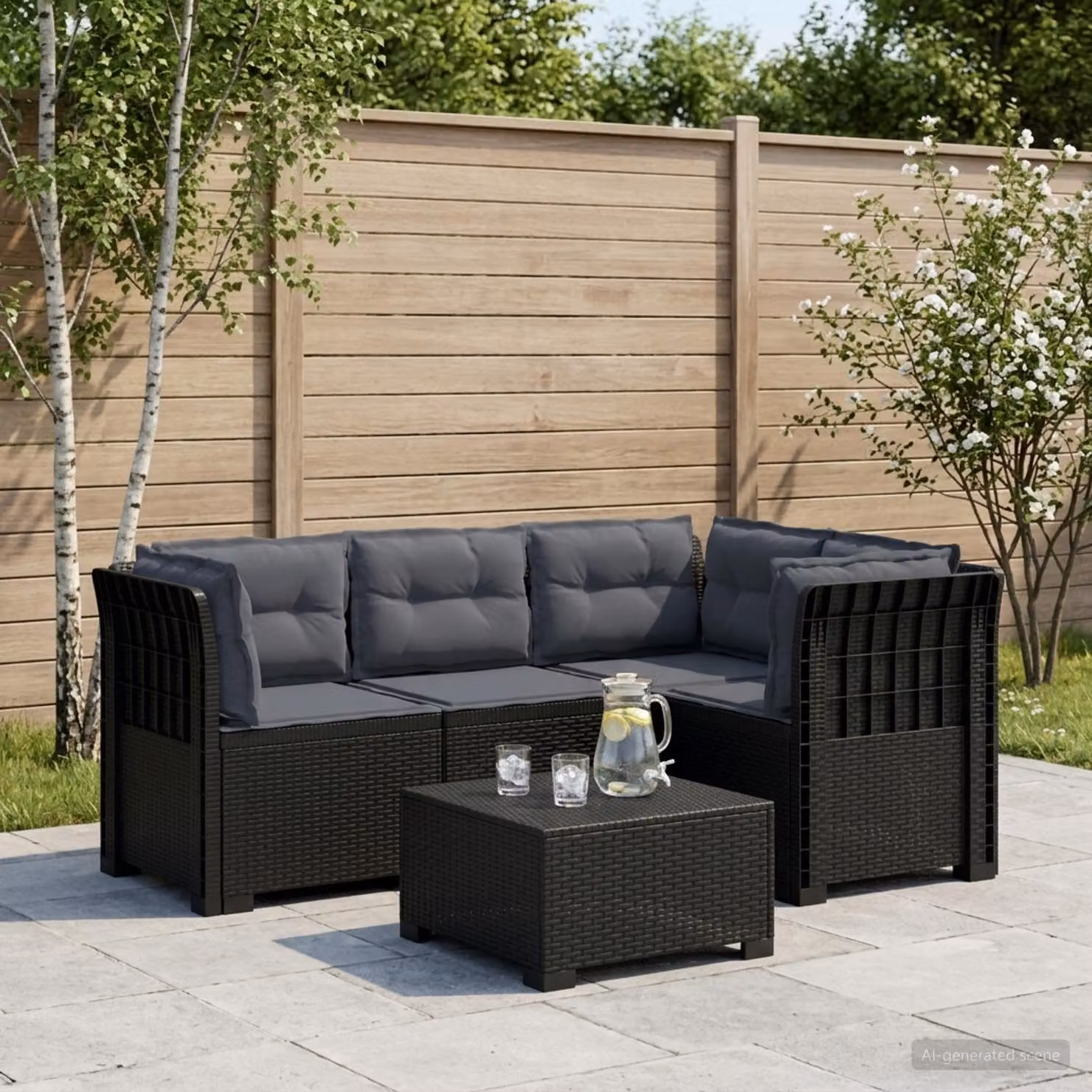 Divano da giardino a L vidaXL con cuscini antracite e grigi in aspetto rattan e tessuto con coperture rimovibili