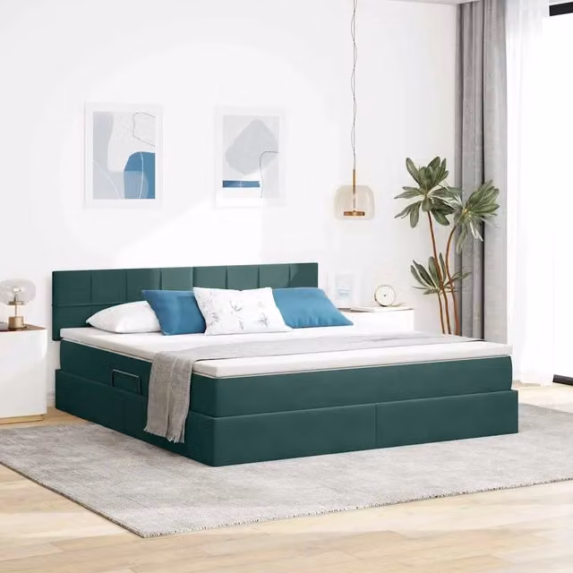 Letto con Contenitore vidaXL in Velluto Verde con Struttura in Legno e Metallo L/P: 160 x 200 cm, H: 204 cm