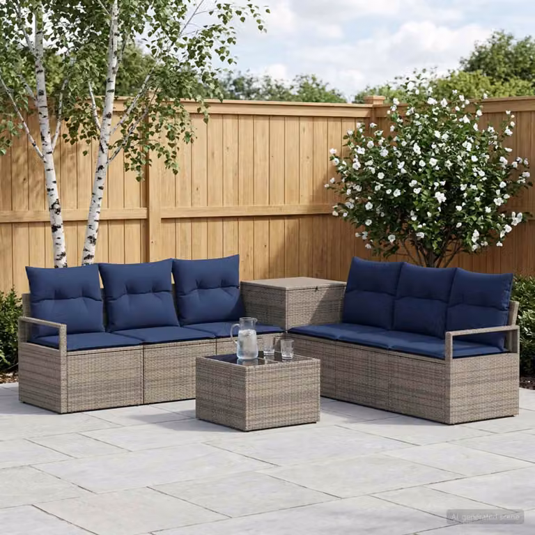Set di divani da giardino vidaXL 8 pz in rattan sintetico e metallo, colore grigio e blu navy, con cuscini e tavolino da esterno