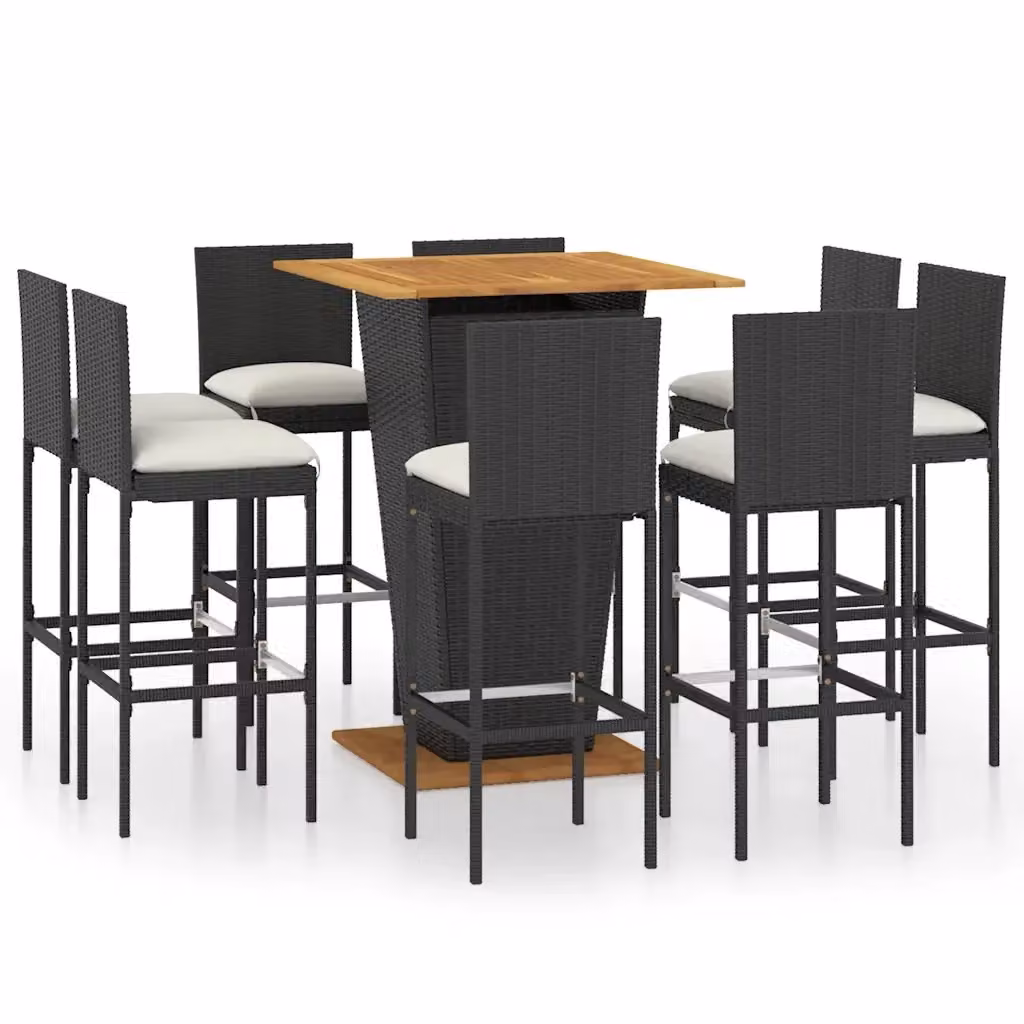 vidaXL Set da Bar da Giardino 9 pz in Polyrattan e Legno di Acacia Nero e Beige – 2