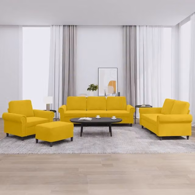 Set di divani 4 pezzi vidaXL in velluto giallo con pouf e cuscini per soggiorno moderno – 1