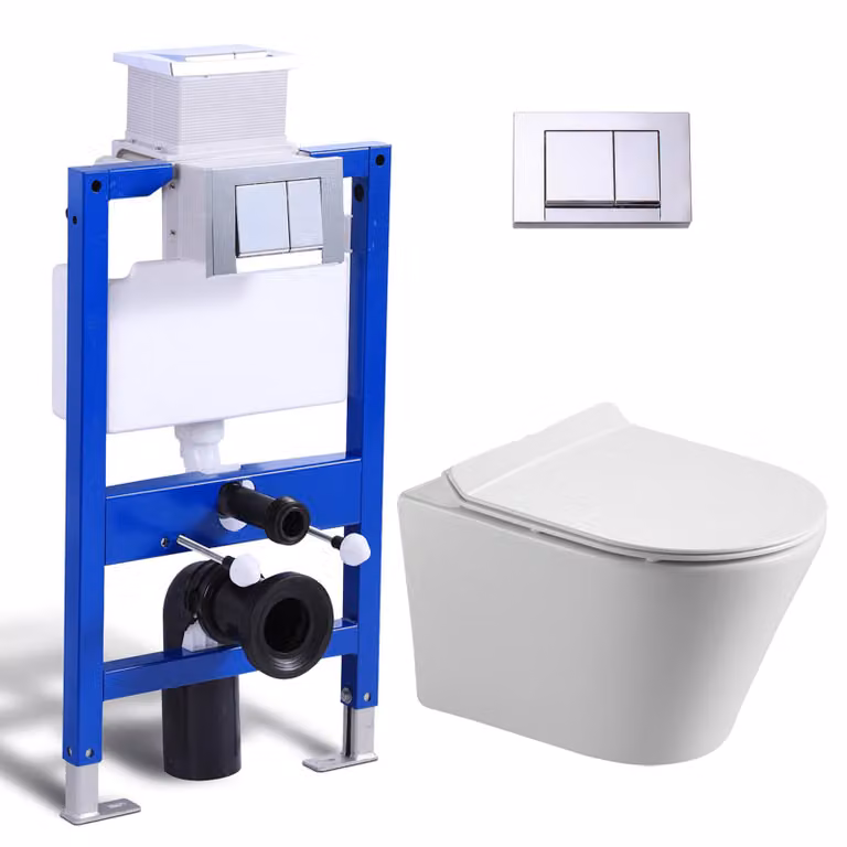 Set completo per WC a parete - cassetta di scarico da 82 cm + WC sospeso senza bordo + placca di spinta rettangolare cromata HOROW