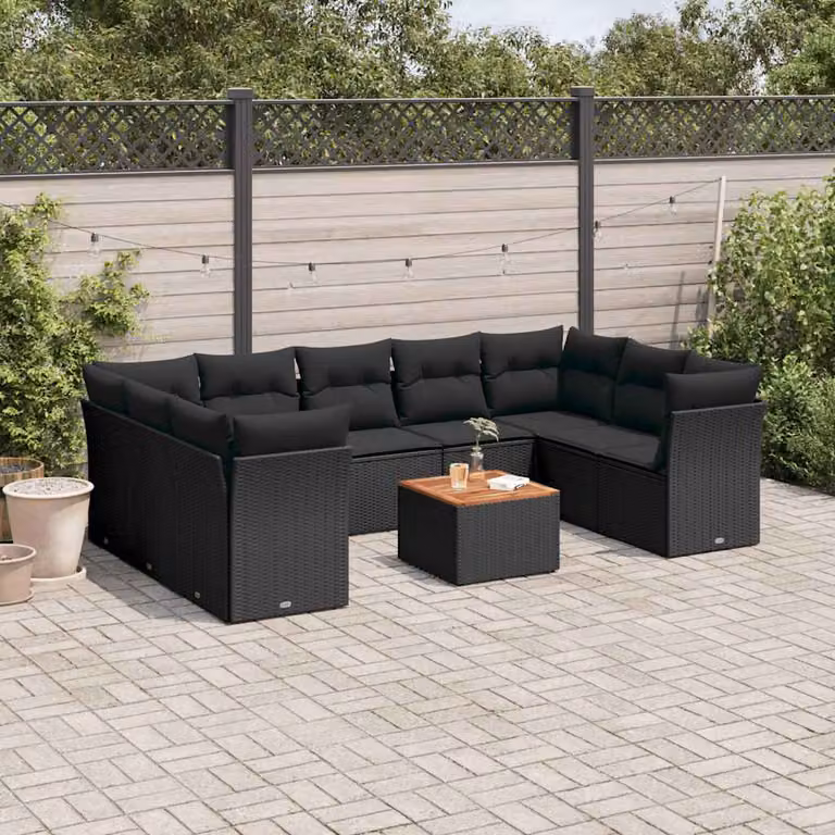 vidaXL Set Divani da Giardino a Forma di U in Polyrattan Nero con Cuscini e Tavolino da Caffè
