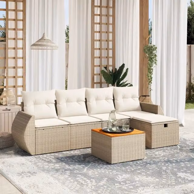 Set Divano da Giardino a L vidaXL in Polyrattan con Cuscini Beige e Struttura in Acciaio, 6 Pezzi