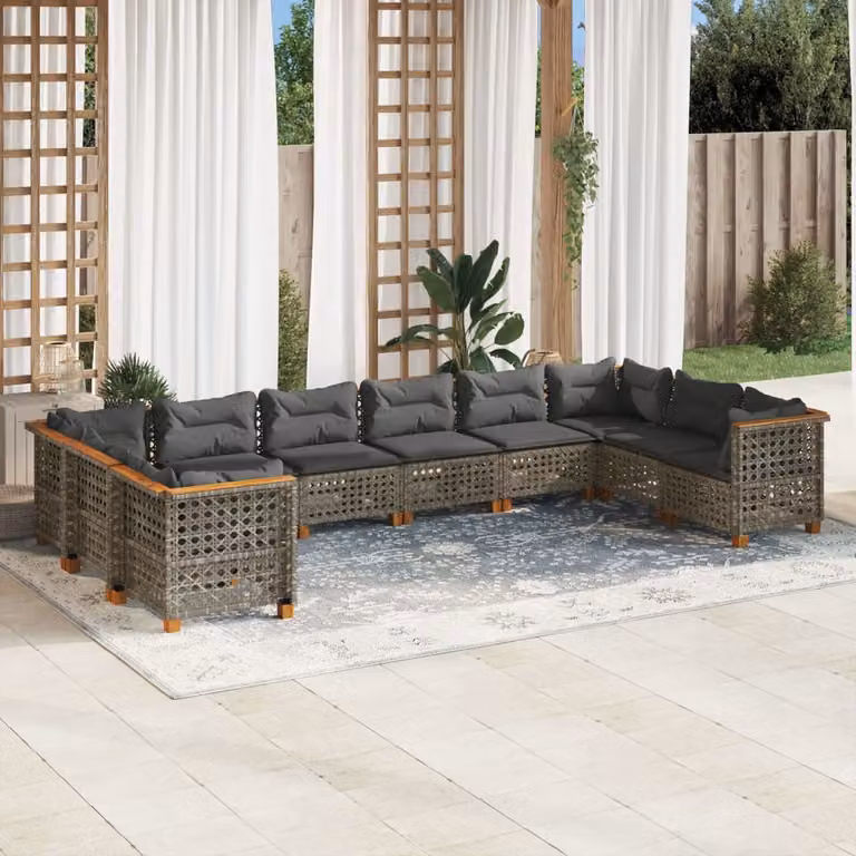 Set Divano da Giardino vidaXL 10 pz in Polyrattan Grigio con Cuscini Imbottiti e Rivestimenti Rimovibili