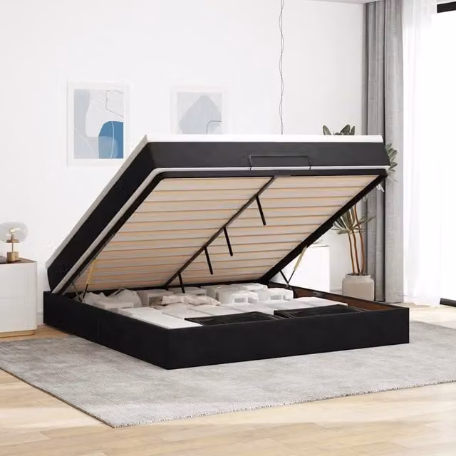 Letto con contenitore a sollevamento vidaXL in velluto nero e bianco con materasso L: 160 cm, P: 200 cm, H: 280 cm