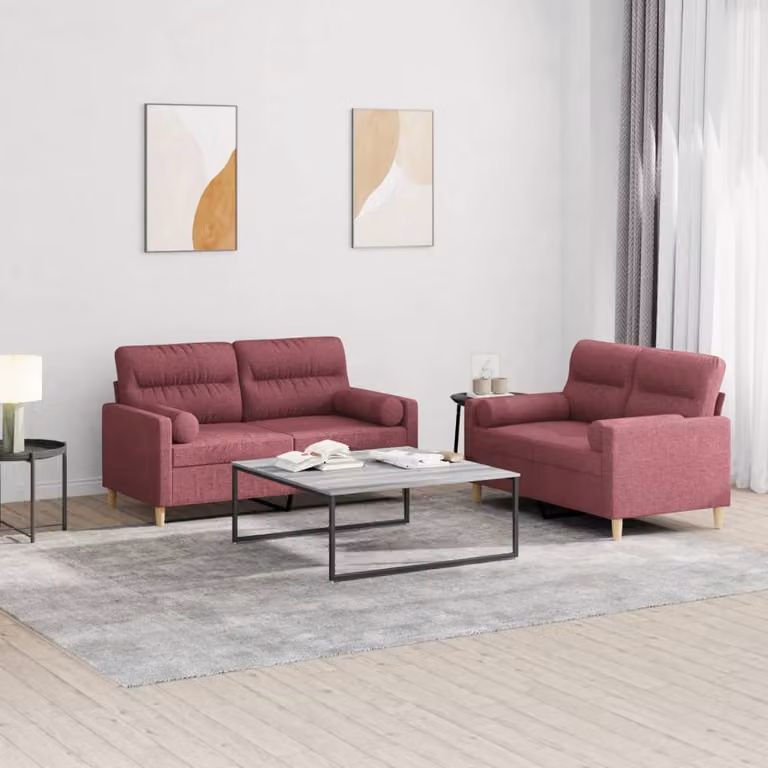 Set di 2 divani moderni vidaXL in tessuto rosso con cuscini e struttura in metallo e MDF