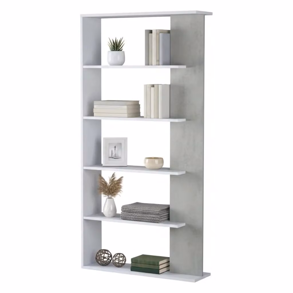 Libreria Eolo DMORA, Mobile portalibri bifacciale con 5 ripiani, Scaffale divisorio per ufficio o cameretta, L: 90 cm, P: 25 cm, H: 180 cm, Bianco e Grigio – 2