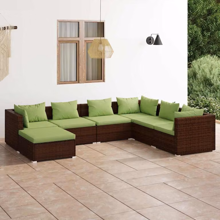 Set di divani da giardino vidaXL 7 pezzi in rattan marrone e verde con cuscini imbottiti e struttura in acciaio verniciato a polvere