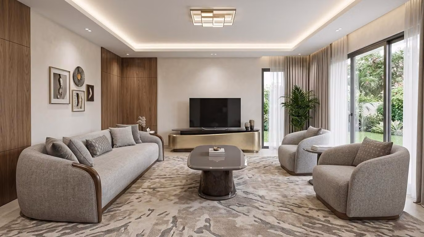 Set per soggiorno: divano a 3 posti, tavolino, mobile TV. Design moderno, comfort elevato