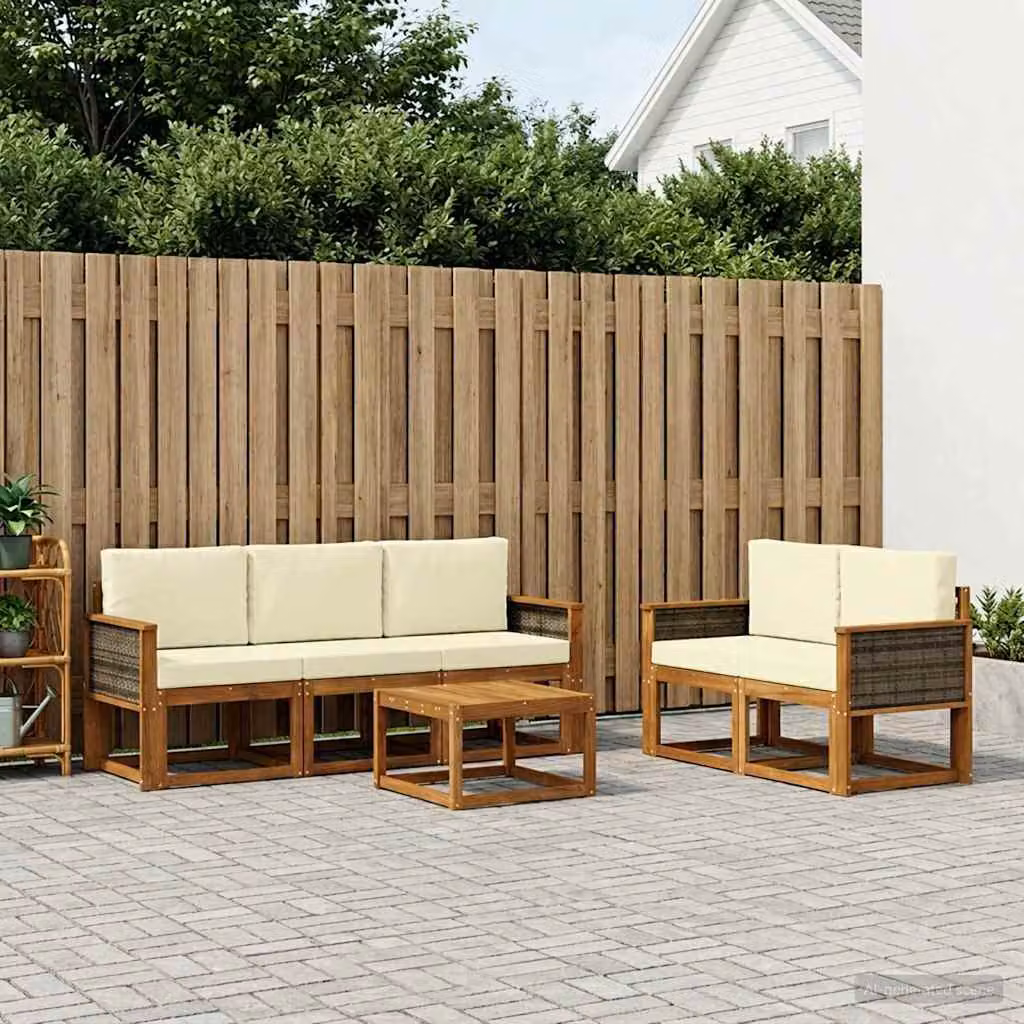 Set di divani da esterno vidaXL in legno di acacia con cuscini, 6 pezzi, Beige e Marrone