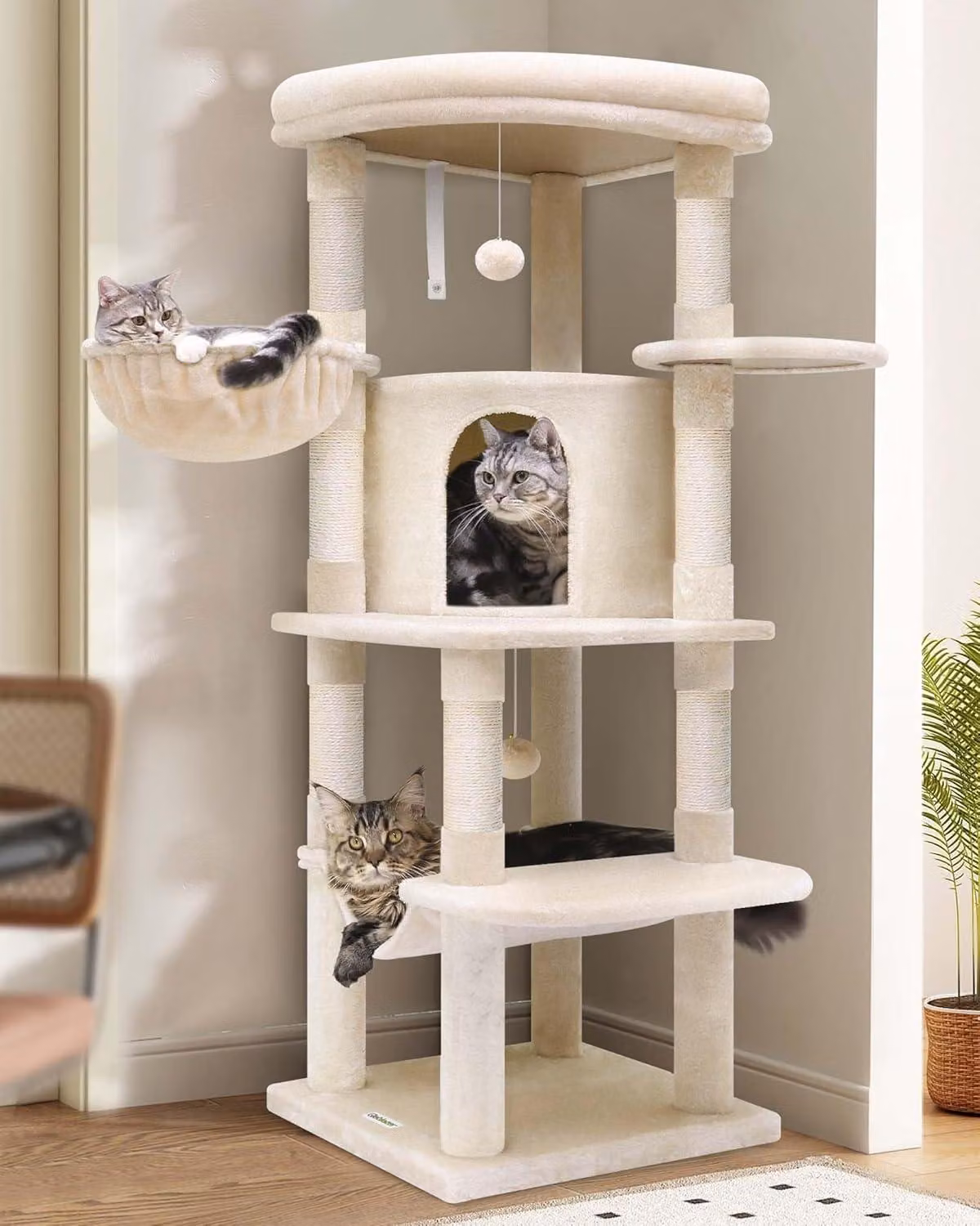 Albero per gatti, colore beige, altezza 130 cm, con piattaforma e amaca, ideale per l'ambiente domestico