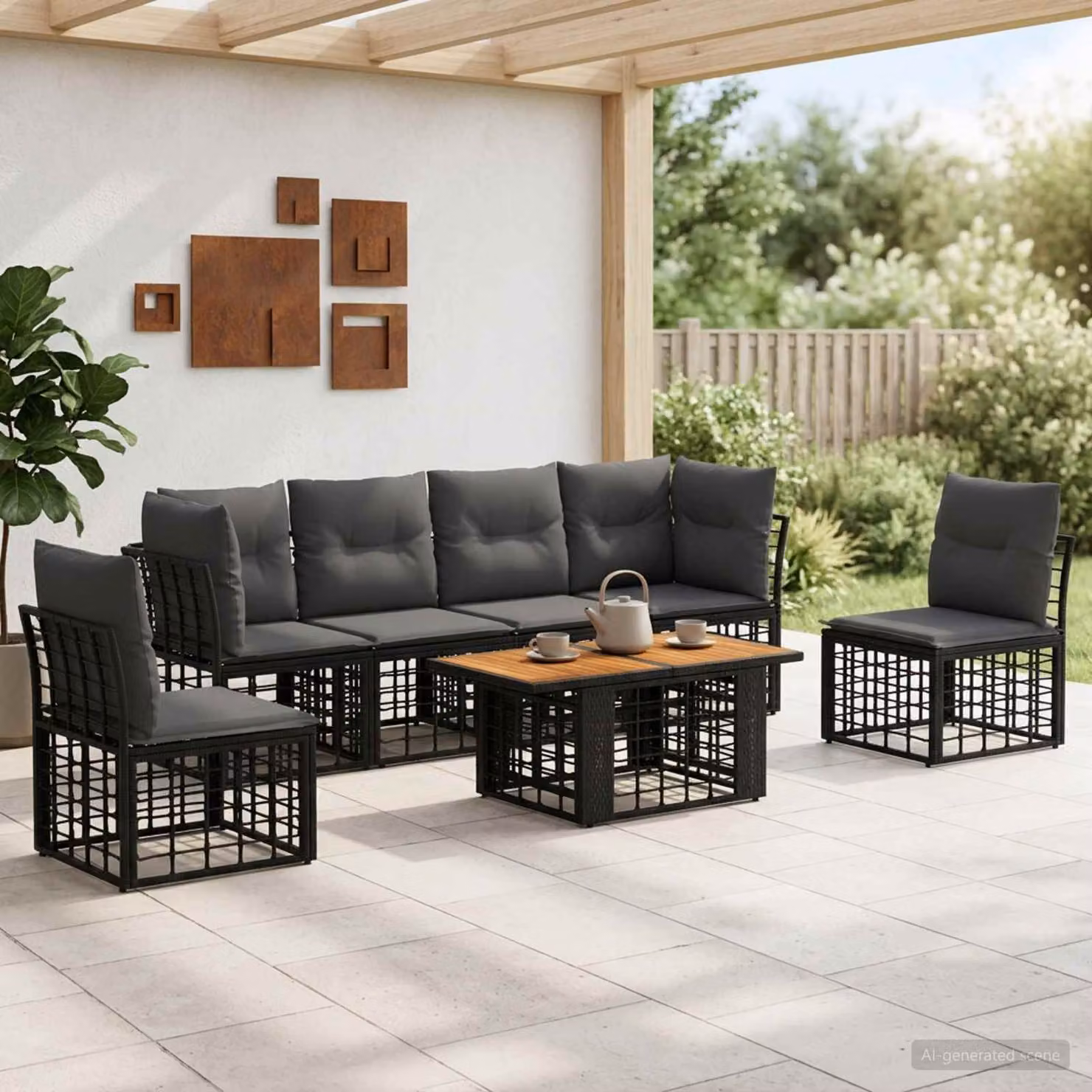 Set Divano da Giardino vidaXL 7 pz in Polyrattan Nero e Grigio con Cuscini e Tavolino