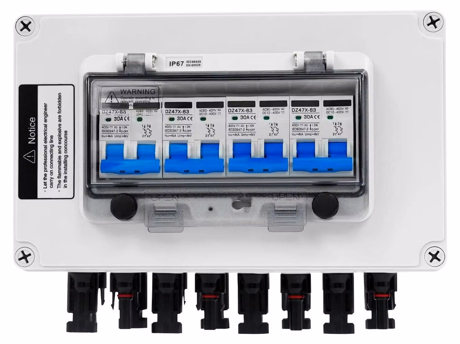 Scatola di combinazione fotovoltaica per impianti solari - Sezionatore CC 30 A - Quattro stringhe On/Off - Impermeabile IP67 - CC 12–400 V - Montaggio a parete - Involucro in PC - Bianco