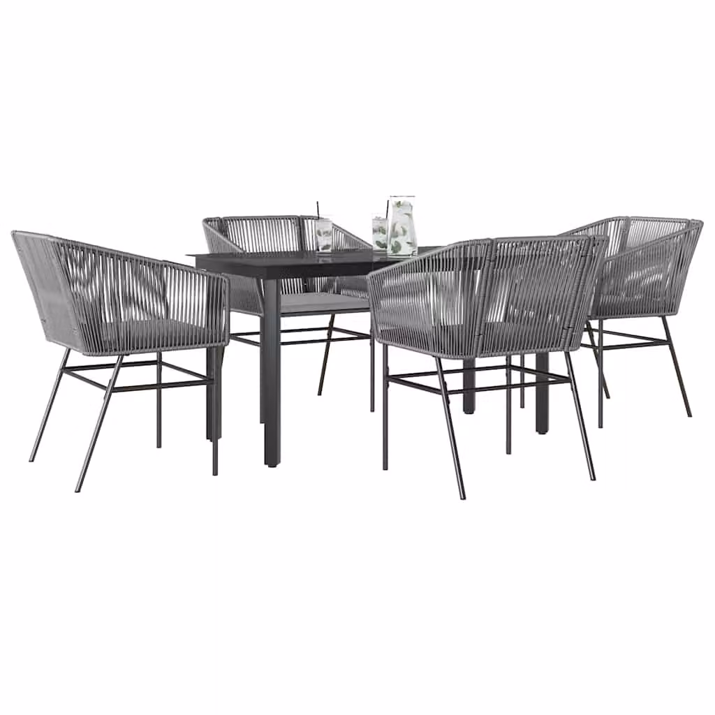 Set da pranzo da giardino vidaXL in polyrattan con tavolo in vetro e 5 sedie con cuscini, grigio e nero