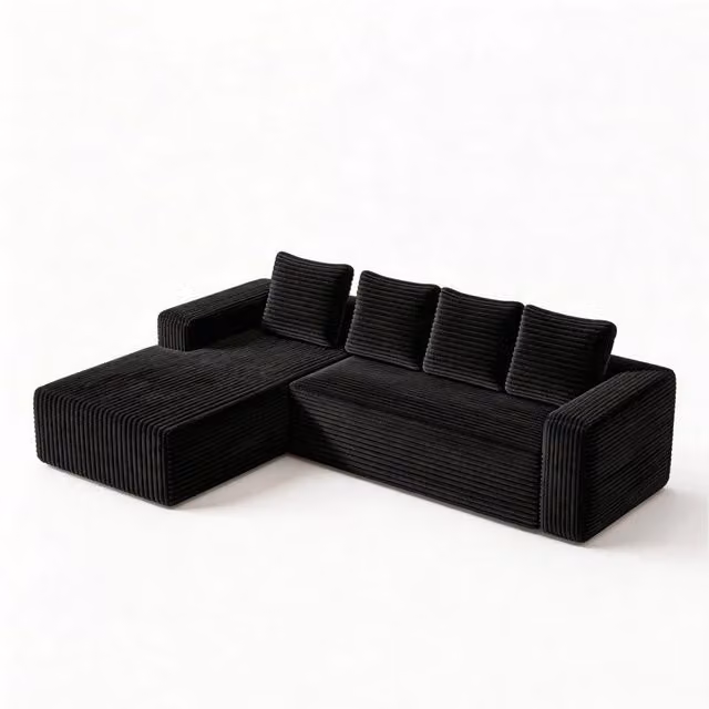 Divano angolare modulare reversibile con chaise e seduta profonda in velluto a coste nero 261 × 168 × 58 cm