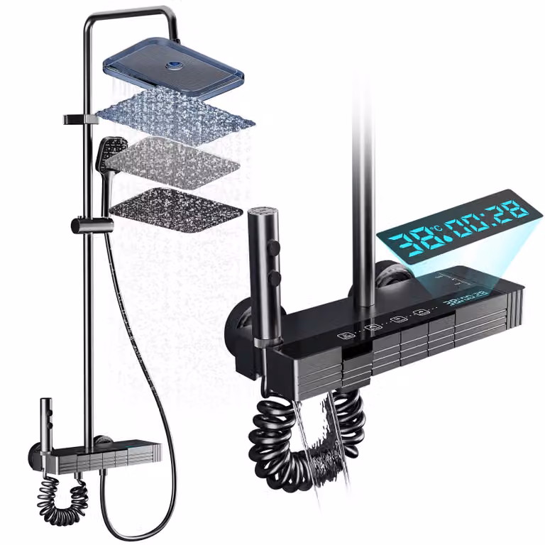 Rubinetto doccia con soffione a pioggia - Illuminazione d'ambiente LED - Lega di alluminio - Nero