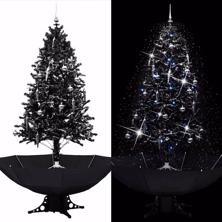 Albero di Natale vidaXL con Nevicata e Base ad Ombrello, Colore Nero, Argento e Bianco, Altezza: 190 cm