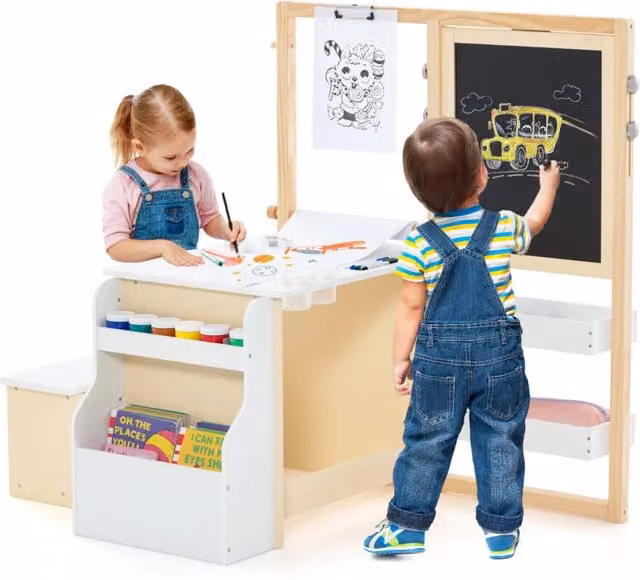 Set tavolo e panca per bambini DESIGN IN in legno bianco con cavalletto artistico regolabile L: 114 cm, P: 81 cm, H: 100 cm