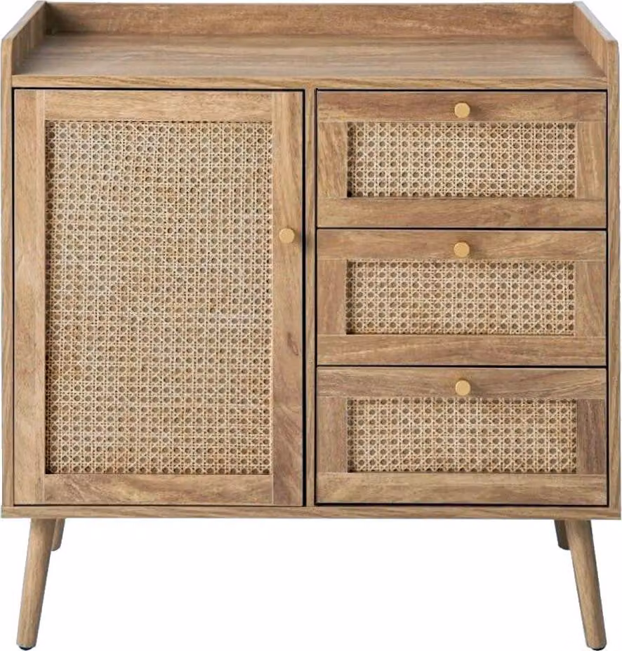 Calicosy - Cassettiera con 1 anta e 3 cassetti, frontali in rattan e gambe in legno, L80 cm - PALMO