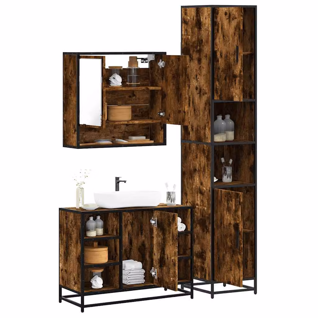 Set di mobili da bagno industrial vidaXL in legno e metallo marrone composto da armadietto con specchio, mobile lavabo e colonna alta