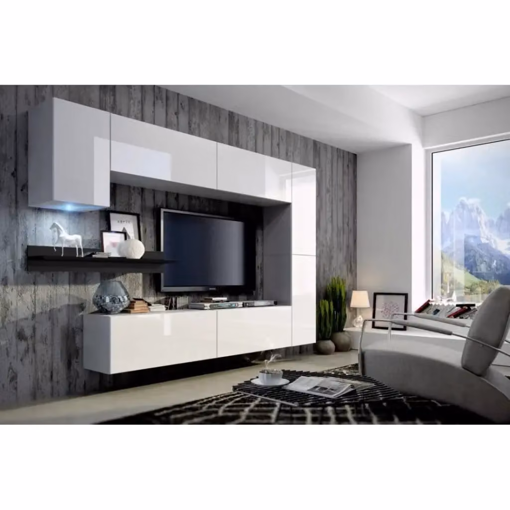Set mobili da soggiorno sospesi Meublorama collezione CEPTO, bianco e nero, con 7 porte, mensola e illuminazione LED, larghezza: 256 cm – 2