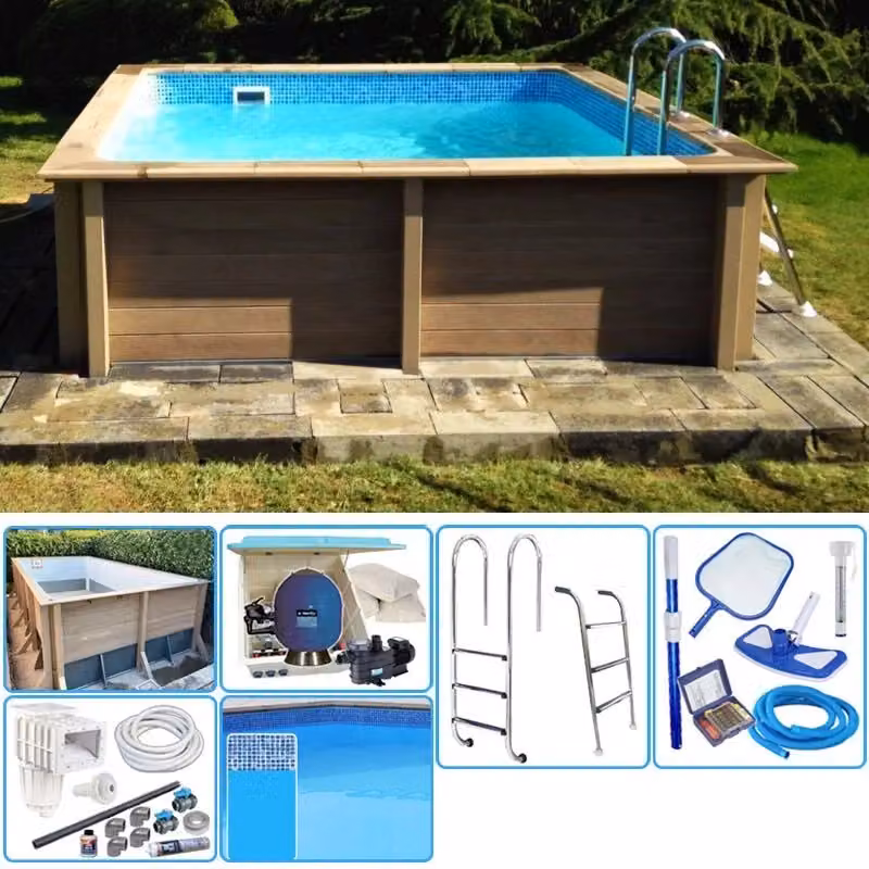 Piscina interrata NATURALIS in pietra ricostruita effetto legno blu e marrone L/P/H: 324 x 324 x 128 cm con filtrazione a sabbia e locale tecnico – 2