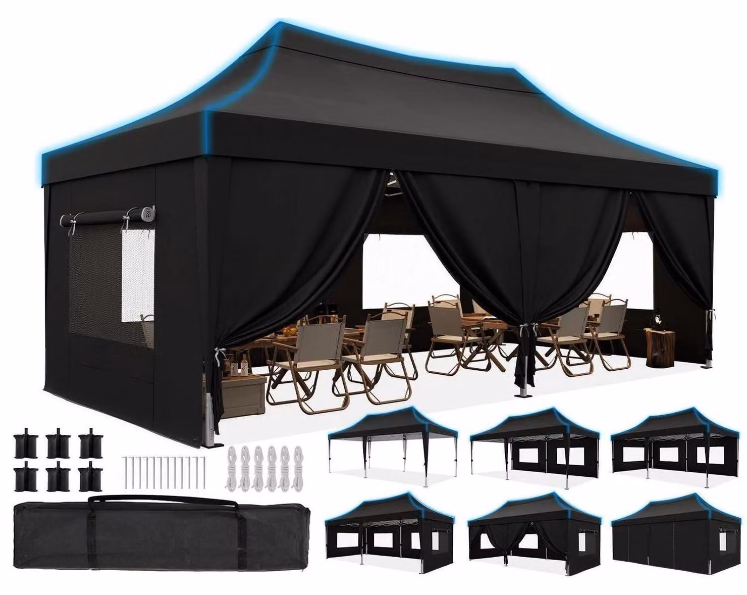 Tenda da giardino 3x6 metri, impermeabile, con pareti laterali, protezione UV 50+, struttura in acciaio, colore nero
