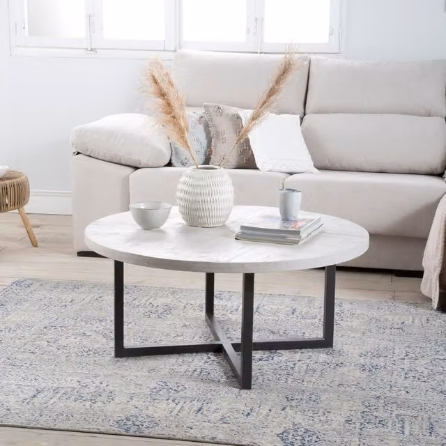 Tavolo da centro rotondo Banak in legno e metallo bianco stile scandinavo