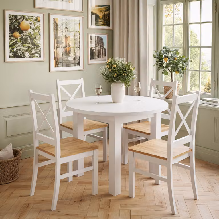 Set da pranzo OLEA: tavolo + 4 sedie bianco/bianco + bianco/rovere Craft 100 cm (+40)