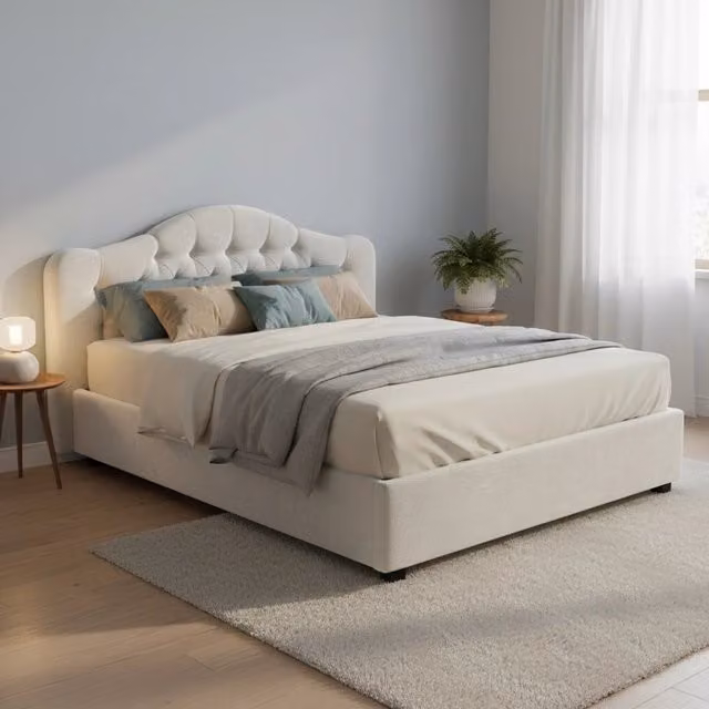 Letto Matrimoniale Aly DMORA con Contenitore a Alzata, Rivestimento in Tessuto Sfoderabile, Bianco, 160 x 200 cm – 1