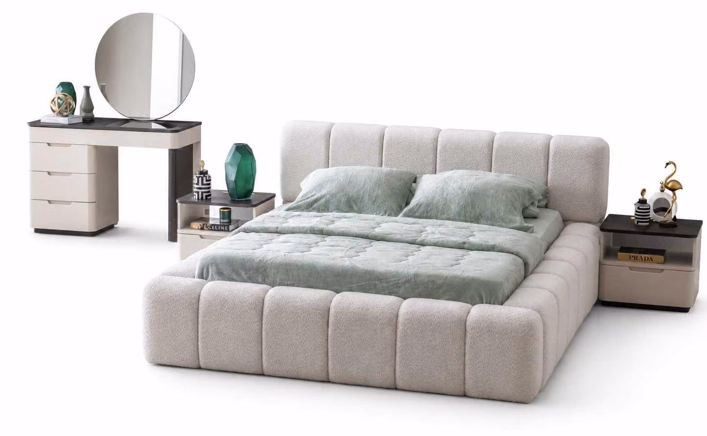 Camera da letto: letto elegante con 2 comodini, set di tavolo da trucco di design