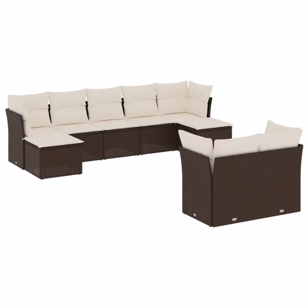 vidaXL Set Divani da Giardino a L 9pz in Polyrattan Marrone e Bianco con Cuscini e Ottoman – 2