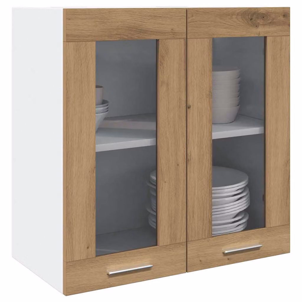 Pensile da cucina moderno vidaXL Lyon con ante in vetro, bianco e marrone, L: 60 cm, H: 60 cm, P: 31 cm