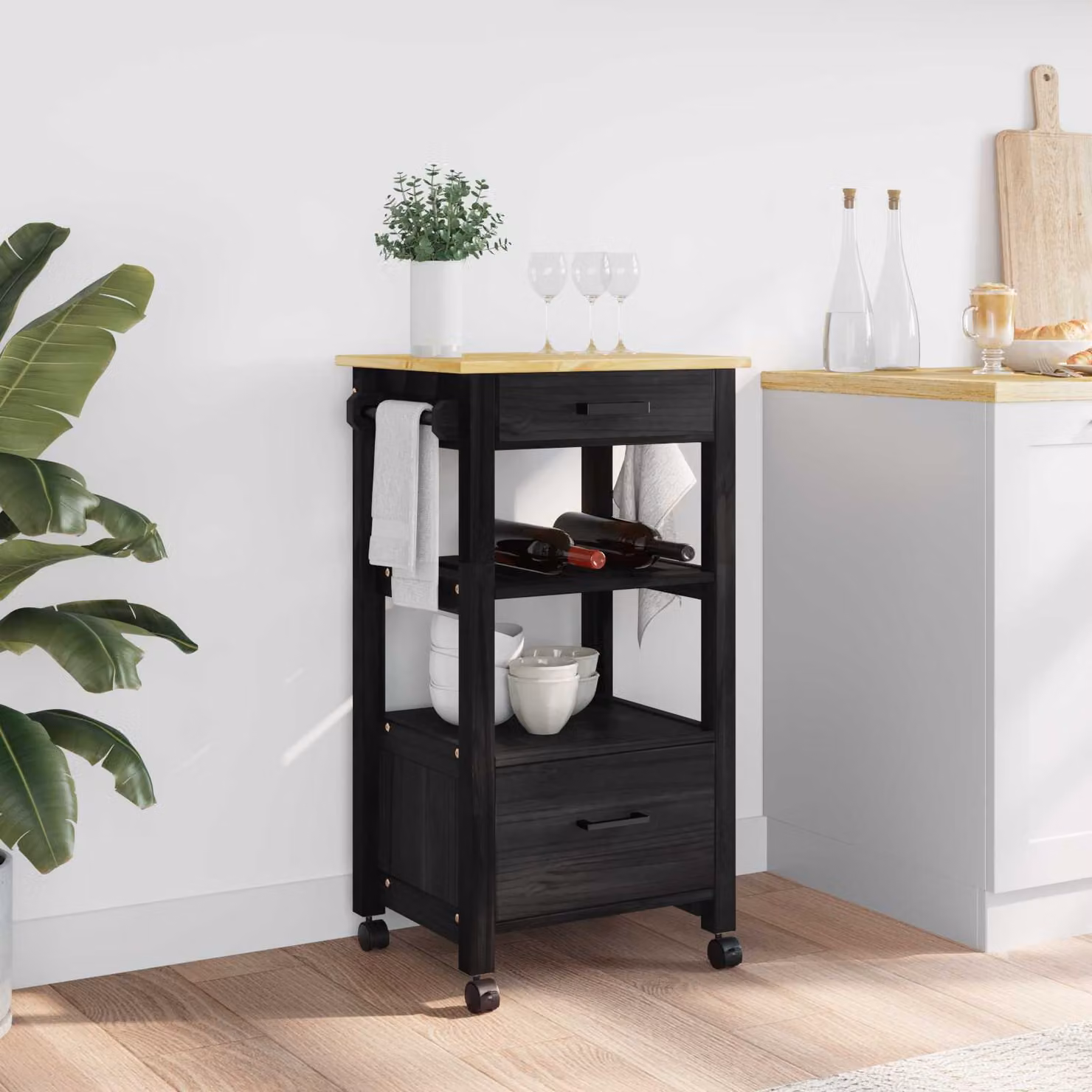vidaXL Carrello da Cucina MONZA Moderno in Legno di Pino Nero L/P/H: 48 x 40 x 88,5 cm