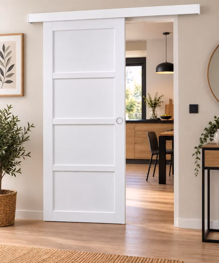 Porta scorrevole Tamera bianca a 4 pannelli H204 x L93 cm, binario in alluminio bianco, conchiglie bianche GD MENUISERIES