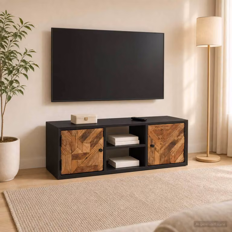 Mobile TV vidaXL con scaffale per archiviazione in legno, stile rustico, marrone e nero, L 105 x P 30 x H 35 cm