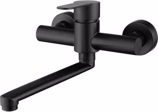Kraan a 360° rotante per cucina, installazione a parete, miscelatore, rubinetto a parete, miscelatore singolo, acciaio inossidabile, scarico lucidato in nero 225 mm