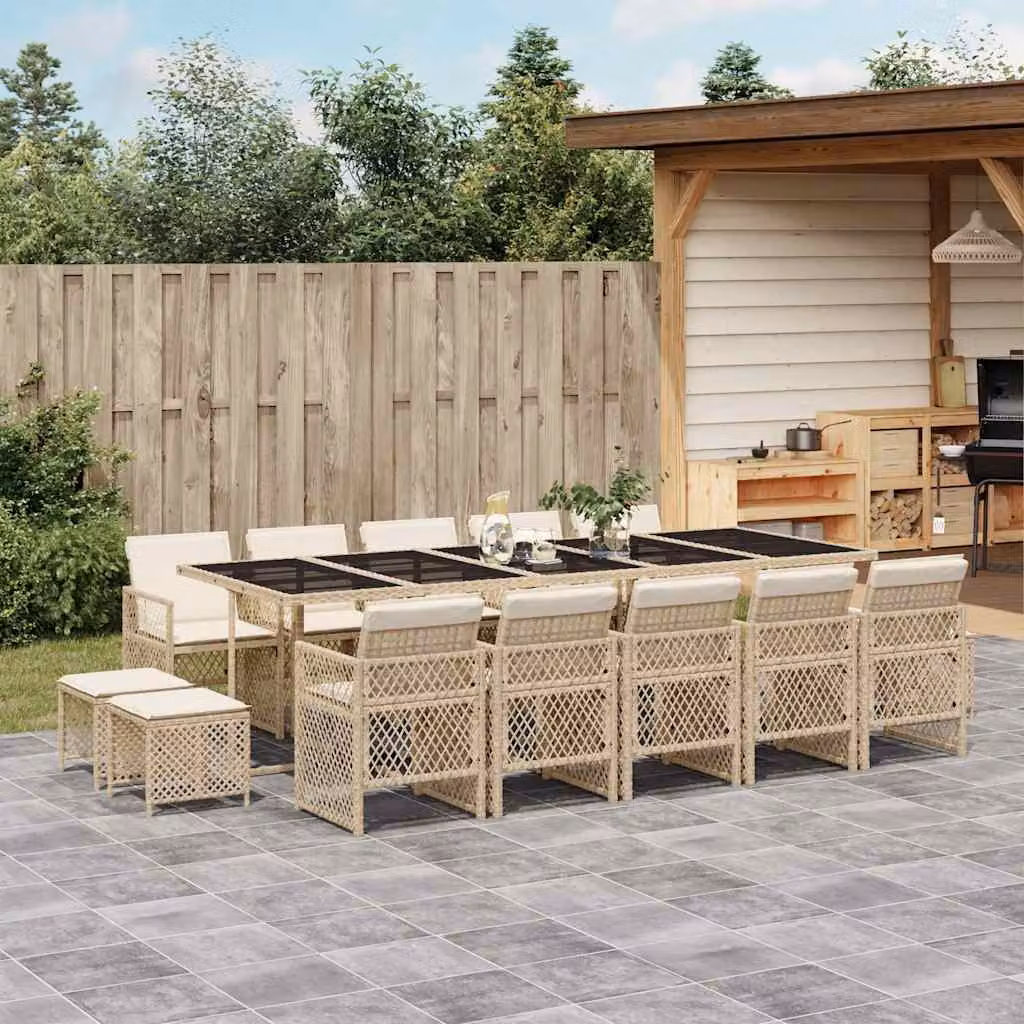 Set da pranzo da giardino vidaXL in polyrattan da 15 pezzi con cuscini beige e piano in vetro per esterno